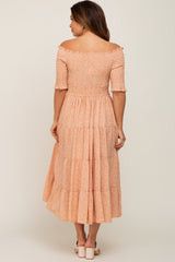 Peach Ditsy Smocked Tiered Off Shoulder Maternity Midi Dress