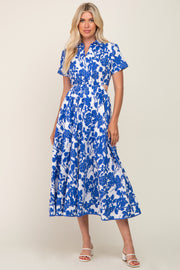 Royal Blue Floral Collared Short Sleeve Side Cutout Midi Dress