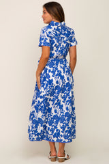 Royal Blue Floral Collared Short Sleeve Side Cutout Maternity Midi Dress