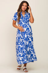 Royal Blue Floral Collared Short Sleeve Side Cutout Maternity Midi Dress