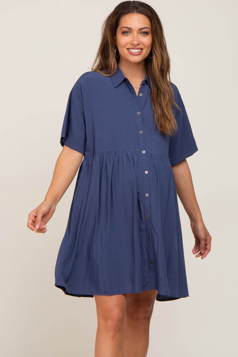 Navy Buttondown Short Sleeve Maternity Dress – PinkBlush