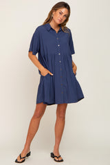 Navy Buttondown Short Sleeve Dress