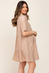 Taupe Buttondown Short Sleeve Maternity Dress