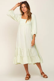 Light Green Striped 3/4 Cinched Sleeve Tiered Midi Dress