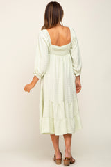 Light Green Striped 3/4 Cinched Sleeve Tiered Midi Dress