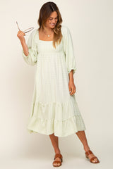 Light Green Striped 3/4 Cinched Sleeve Tiered Midi Dress