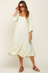 Light Green Striped 3/4 Cinched Sleeve Tiered Midi Dress