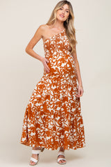 Rust Floral Smocked One Shoulder Maternity Dress