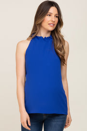 Royal Blue Ruffle Mock Neck Maternity Sleeveless Top