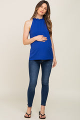 Royal Blue Ruffle Mock Neck Maternity Sleeveless Top