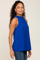 Royal Blue Ruffle Mock Neck Sleeveless Top