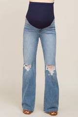 Blue Exposed Knee Maternity Flare Jeans