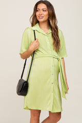 Lime Pleated Button Front Tied Waist Maternity Dress