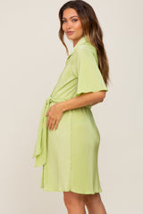 Lime Pleated Button Front Tied Waist Maternity Dress