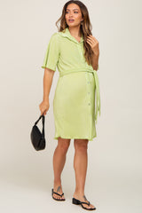 Lime Pleated Button Front Tied Waist Maternity Dress