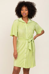 Lime Pleated Button Front Tied Waist Maternity Dress