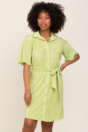 Lime Pleated Button Front Tied Waist Dress