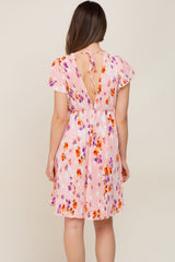 Pink Floral Pleated V-Neck Short Sleeve Maternity Dress