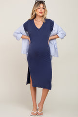 Navy V-Neck Short Sleeve Side Slit Maternity Midi Dress