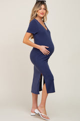 Navy V-Neck Short Sleeve Side Slit Maternity Midi Dress