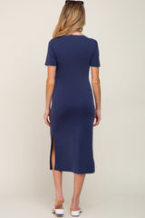 Navy V-Neck Short Sleeve Side Slit Maternity Midi Dress