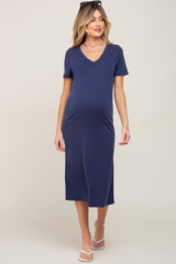 Navy V-Neck Short Sleeve Side Slit Maternity Midi Dress