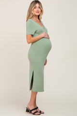 Sage V-Neck Short Sleeve Side Slit Maternity Midi Dress