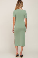 Sage V-Neck Short Sleeve Side Slit Maternity Midi Dress