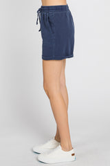 Navy Washed Cuffed Pocketed Shorts