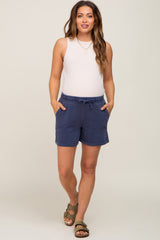 Navy Washed Cuffed Pocketed Maternity Shorts