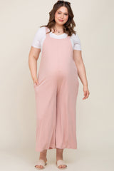 Light Pink Ribbed Maternity Plus Wide Leg Jumpsuit