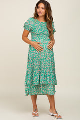 Green Floral Smocked Layered Maternity Midi Dress