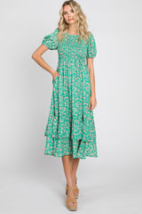 Green Floral Smocked Layered Maternity Midi Dress