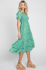 Green Floral Smocked Layered Midi Dress