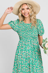 Green Floral Smocked Layered Midi Dress