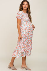 White Floral Smocked Layered Maternity Midi Dress