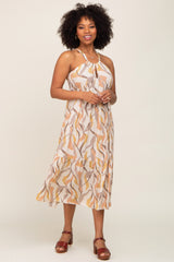 Camel Printed Sleeveless Front Cutout Maternity Midi Dress