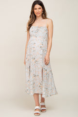 Light Sage Floral Sleeveless Front Tie Side Slit Maternity Midi Dress