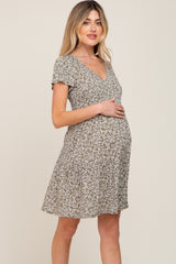 Olive Leaf Printed V-Neck Short Sleeve Maternity Dress