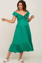 Green Smocked Ruched Ruffle Hem Maternity Maxi Dress