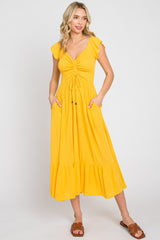 Yellow Smocked Ruched Ruffle Hem Maternity Maxi Dress