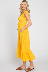 Yellow Smocked Ruched Ruffle Hem Maxi Dress