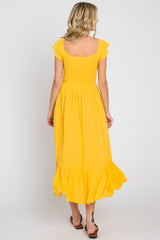 Yellow Smocked Ruched Ruffle Hem Maxi Dress