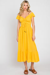 Yellow Smocked Ruched Ruffle Hem Maxi Dress