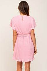 Pink Pleated Front Tie Dress