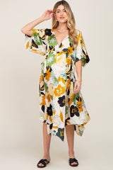 Yellow Floral Satin Waist Tie Maternity Midi Dress