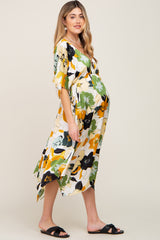 Yellow Floral Satin Waist Tie Maternity Midi Dress