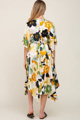 Yellow Floral Satin Waist Tie Maternity Midi Dress