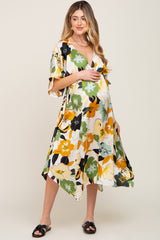 Yellow Floral Satin Waist Tie Maternity Midi Dress