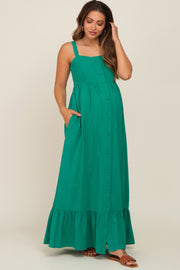 Green Front Button Sleeveless Maternity Maxi Dress